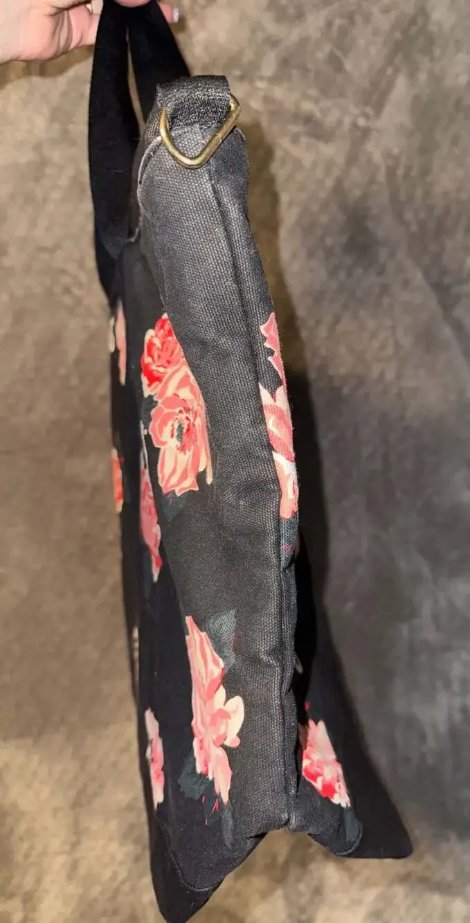 Victoria's Secret Black Floral Canvas Tote Bag with VS Logo
